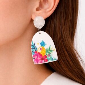Tropical Acrylic Arch Earrings – Pineapple & Hibiscus Summer Statement